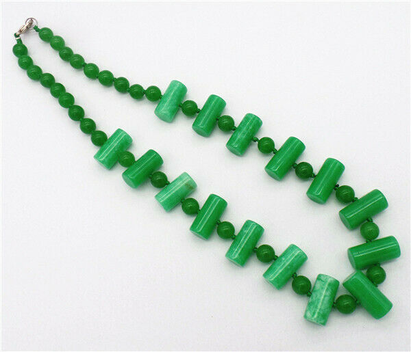 1 Strand 20x10mm/8mm Women Green Malay Jade Cylinder Beads Necklace HH7308