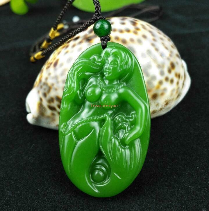 Green Necklace Jade Mermaid Gifts Jewelry Jadeite Amulet Natural Carved Pendant