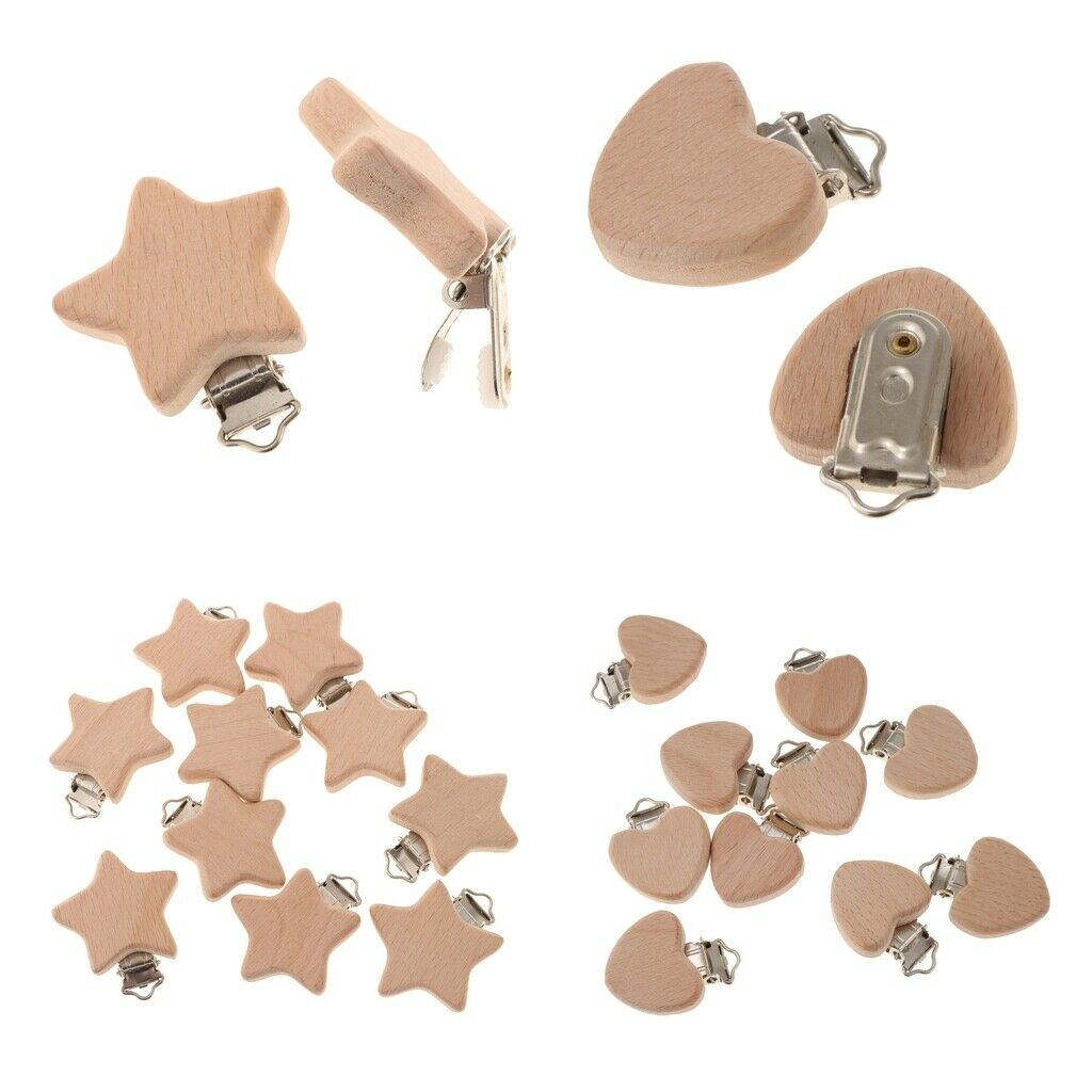 20 Pieces Wooden Baby Pacifier Clip Dummy Clasps Teething Toys Heart+Star