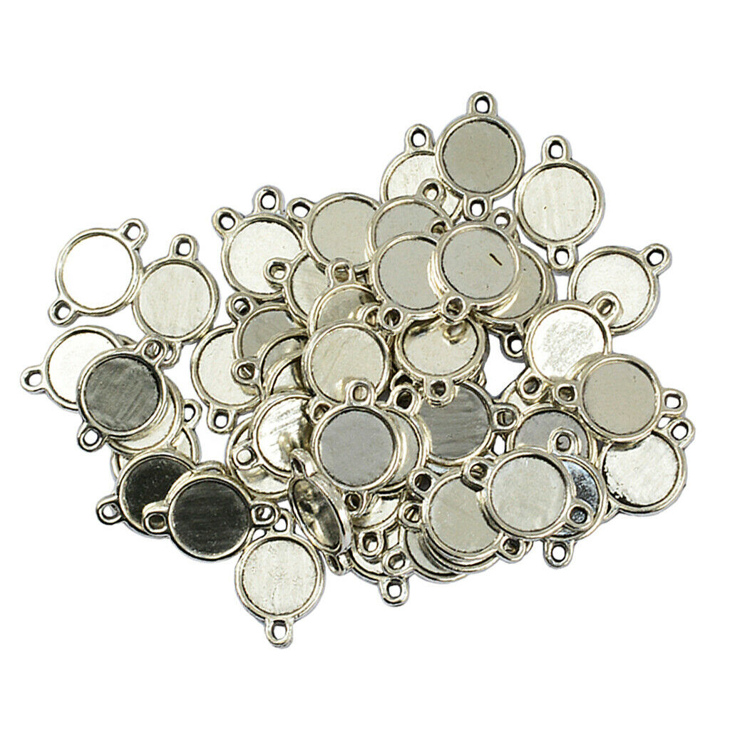 50 Set Double Sided Round Blank Bezel Pendant Trays Base Connector Cabochon