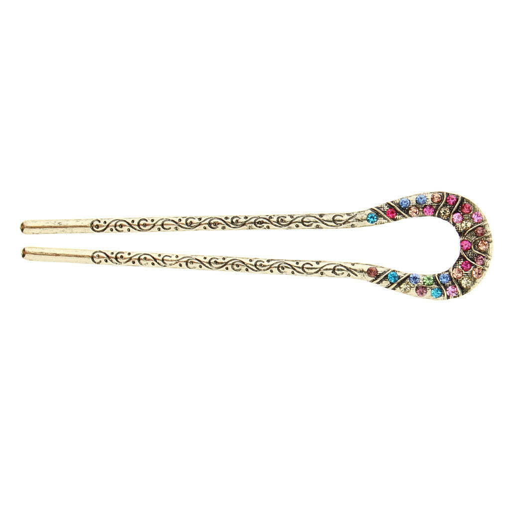 Retro Chinese Rhinestone Fork Hair Stick Wedding Bridal Chignon Pin Colorful