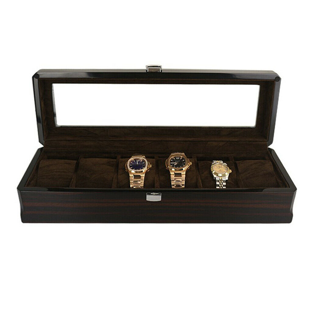 6 Slots Wood Watch Box Display Jewelry Case Storage Organizer Velvet Cushions
