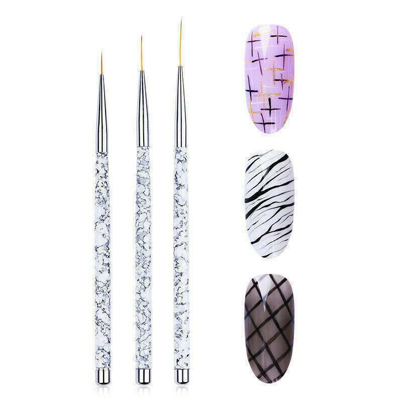 3Pcs Acrylic Nail Brushes Set Marble Handle Liner Painting Pen Nail Art Tools