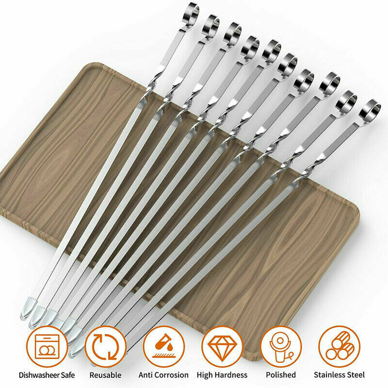12PCS Kabob Skewers Flat Metal BBQ Barbecue Skewer Stainless Steel Shish Skewers