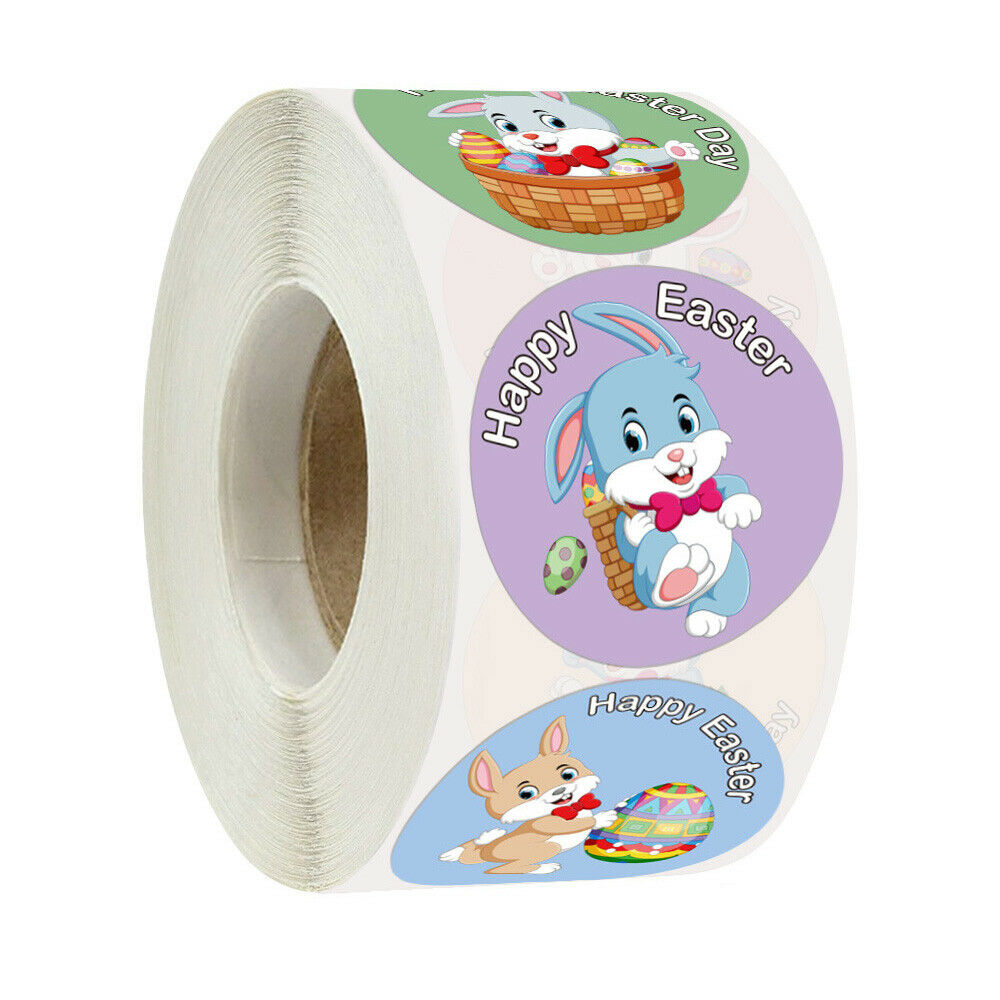 1 Roll 1.5" Round Happy Easter Bunny Holiday Gift Sealing Label DIY Decor Craft