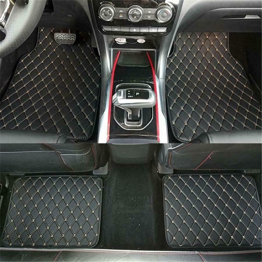 4x Black PU Leather Car Floor Mats Beige Line Waterproof Interior Universal