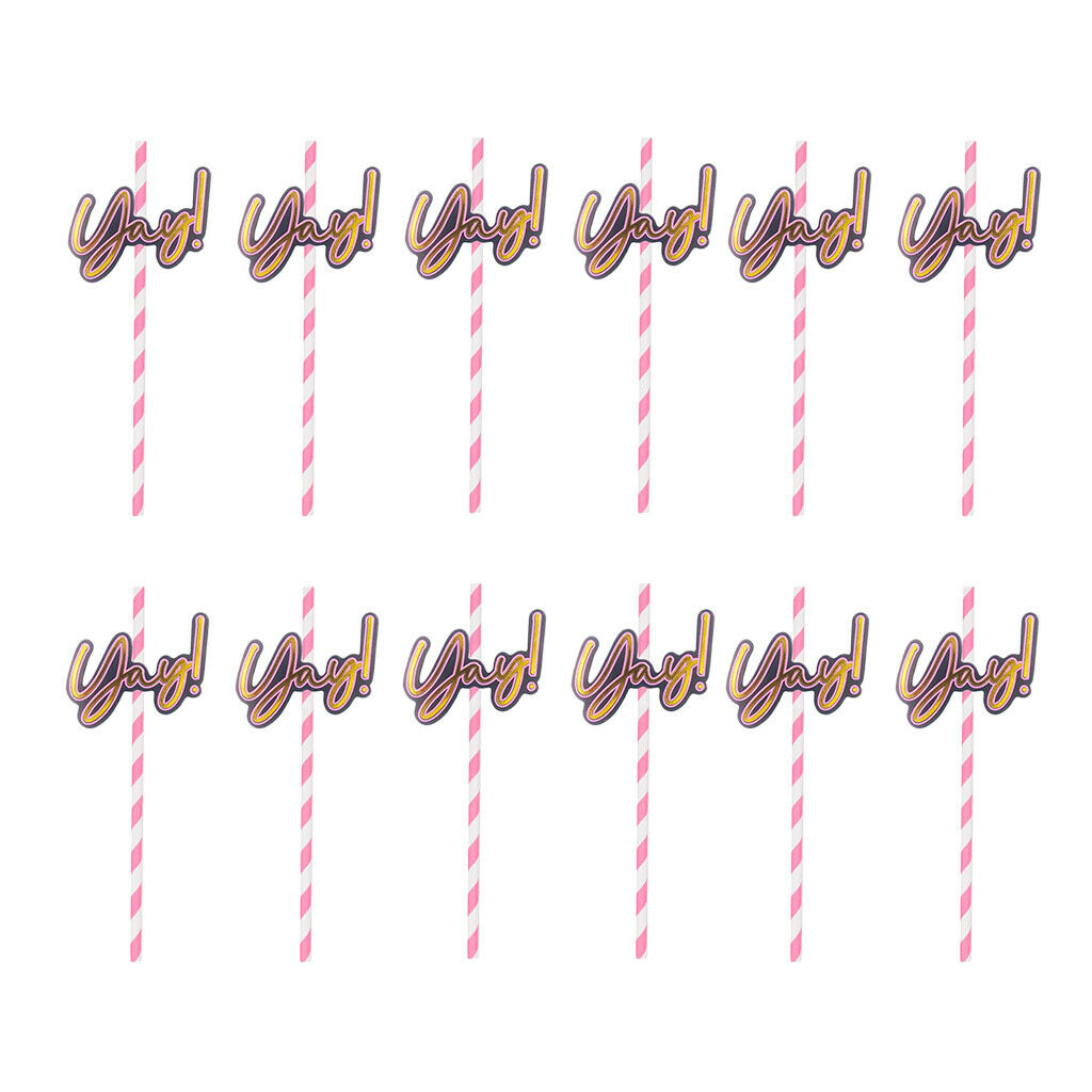12 Pieces Party Paper Straws Rainbow Stripe Paper Drinking Straw Hot Pink