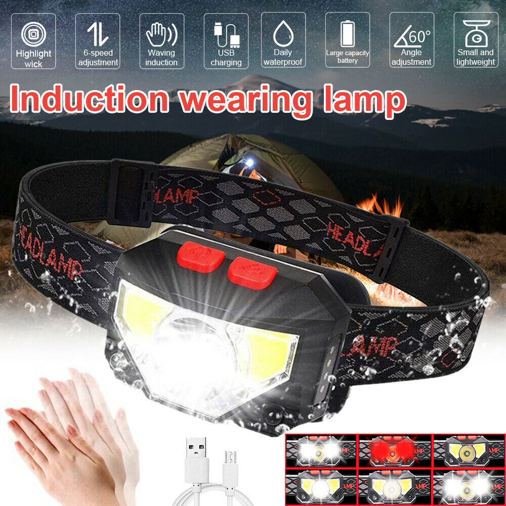 USB Rechargeable Headlight Sensor Super Bright Head Torch Headlamp Waterproof