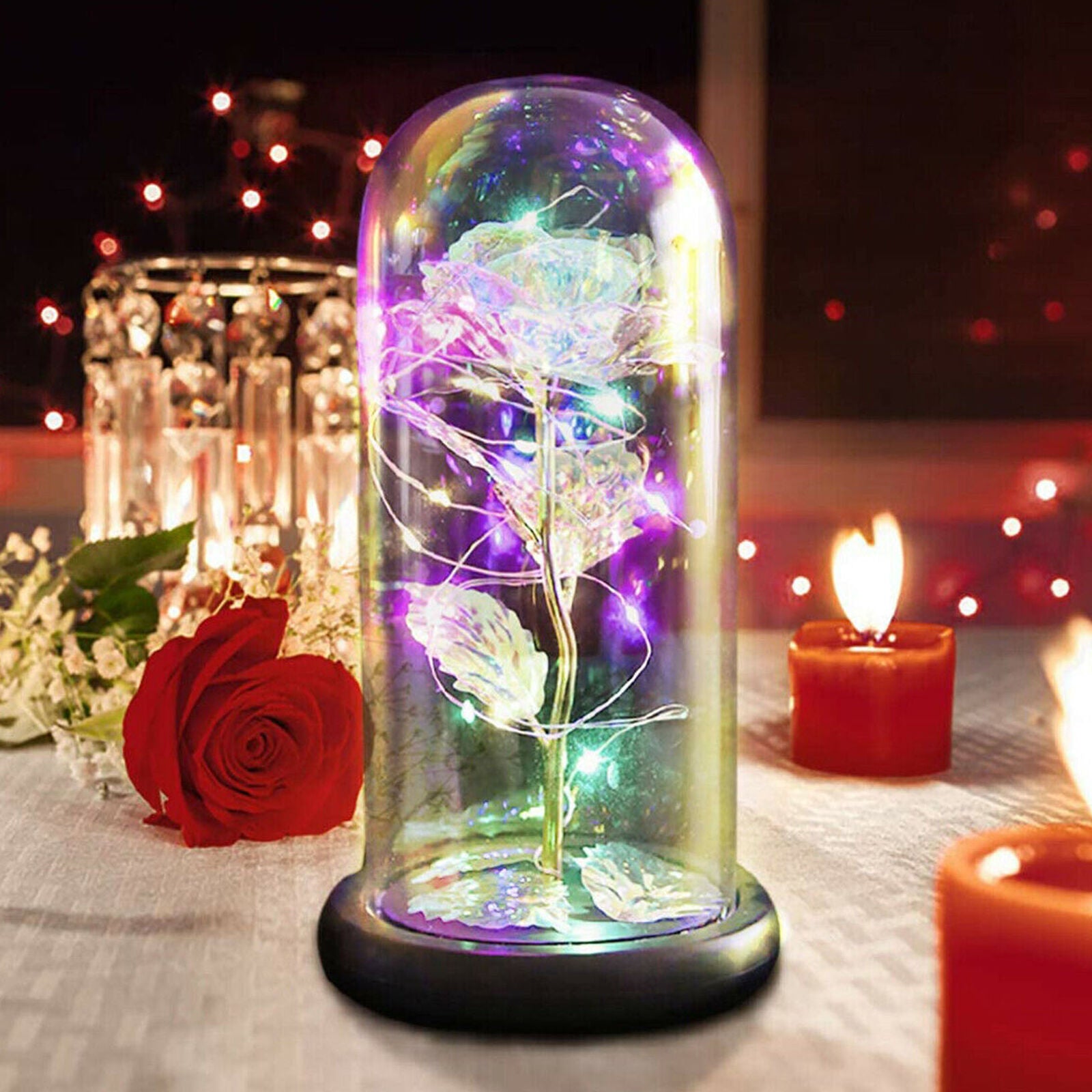 Crystal Galaxy Rose in the Glass Dome 20 Led Lights Gift for Girlfriend Mom Wife