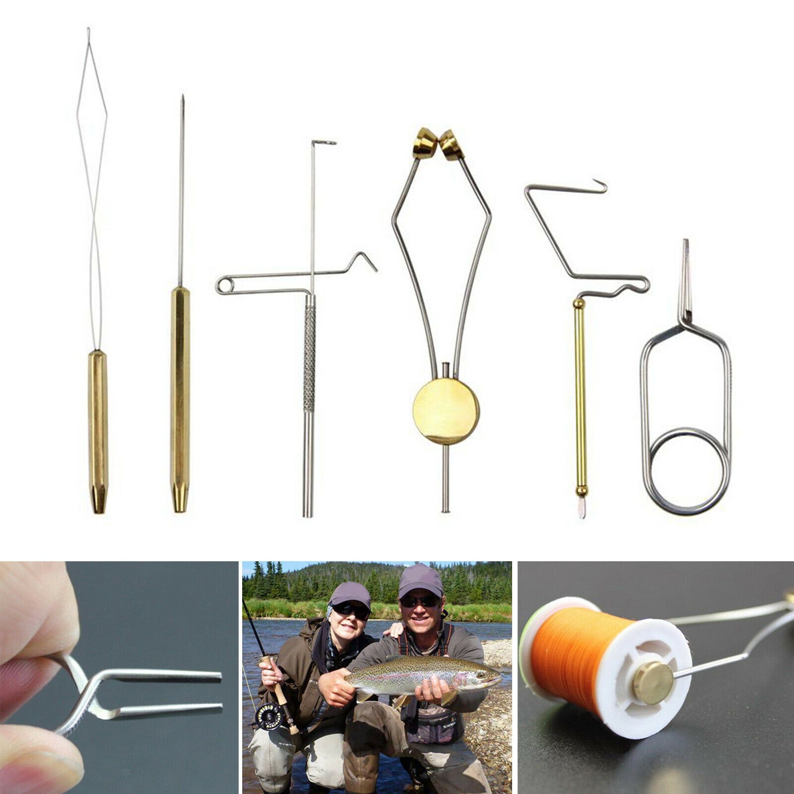 6pcs Fly Tying Tools Kit Vise Brass Bobbin Threader Whip Finisher Handle