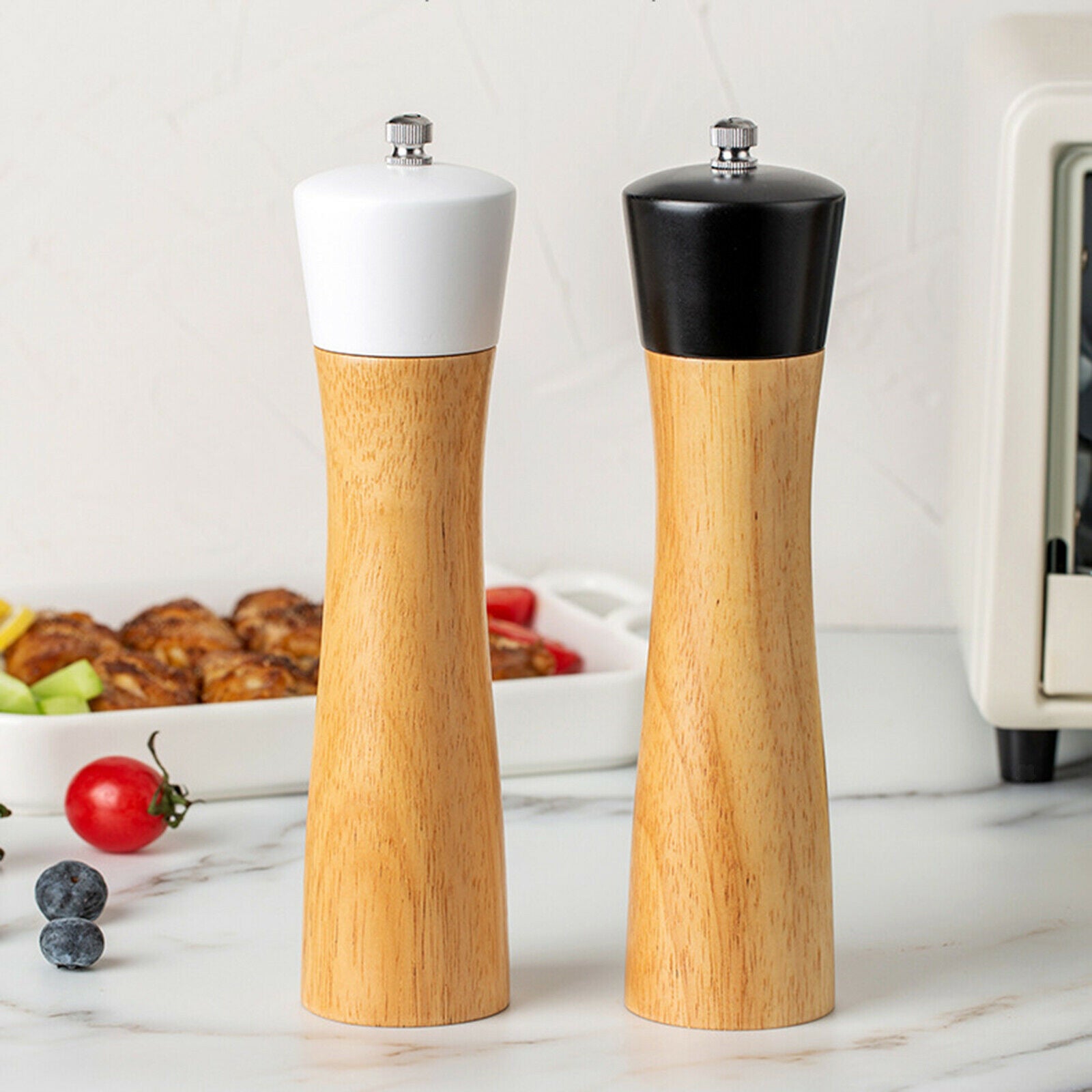 Wood Salt and Pepper Grinder Set Adjustable Shaker Mill Kitchen with a Spoon