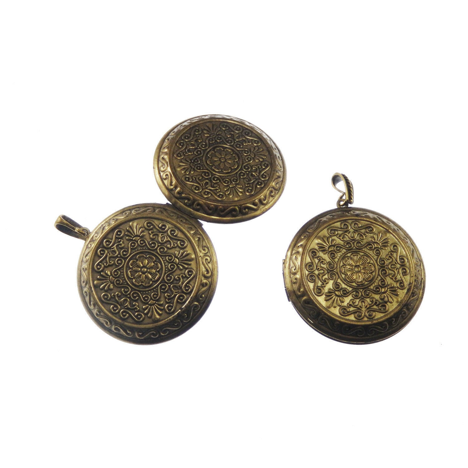 2 pcs Flower Pattern Round Locket Antiqued Bronze Brass Pendant Findings 44mm