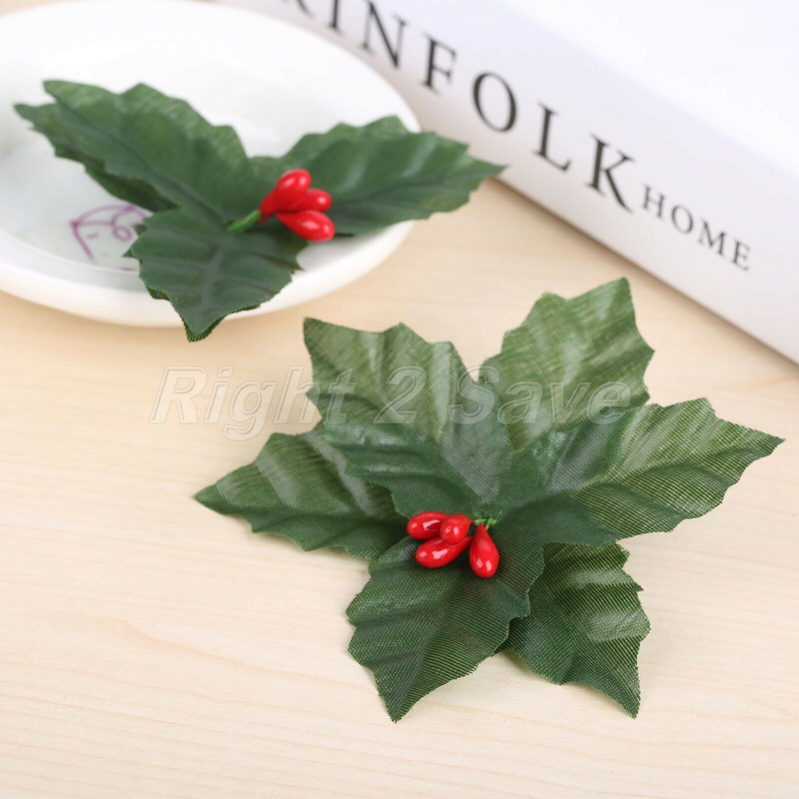 10Pcs Artificial Leaf Mini Holly Berries Decoration Christmas Flower Silk Leaves