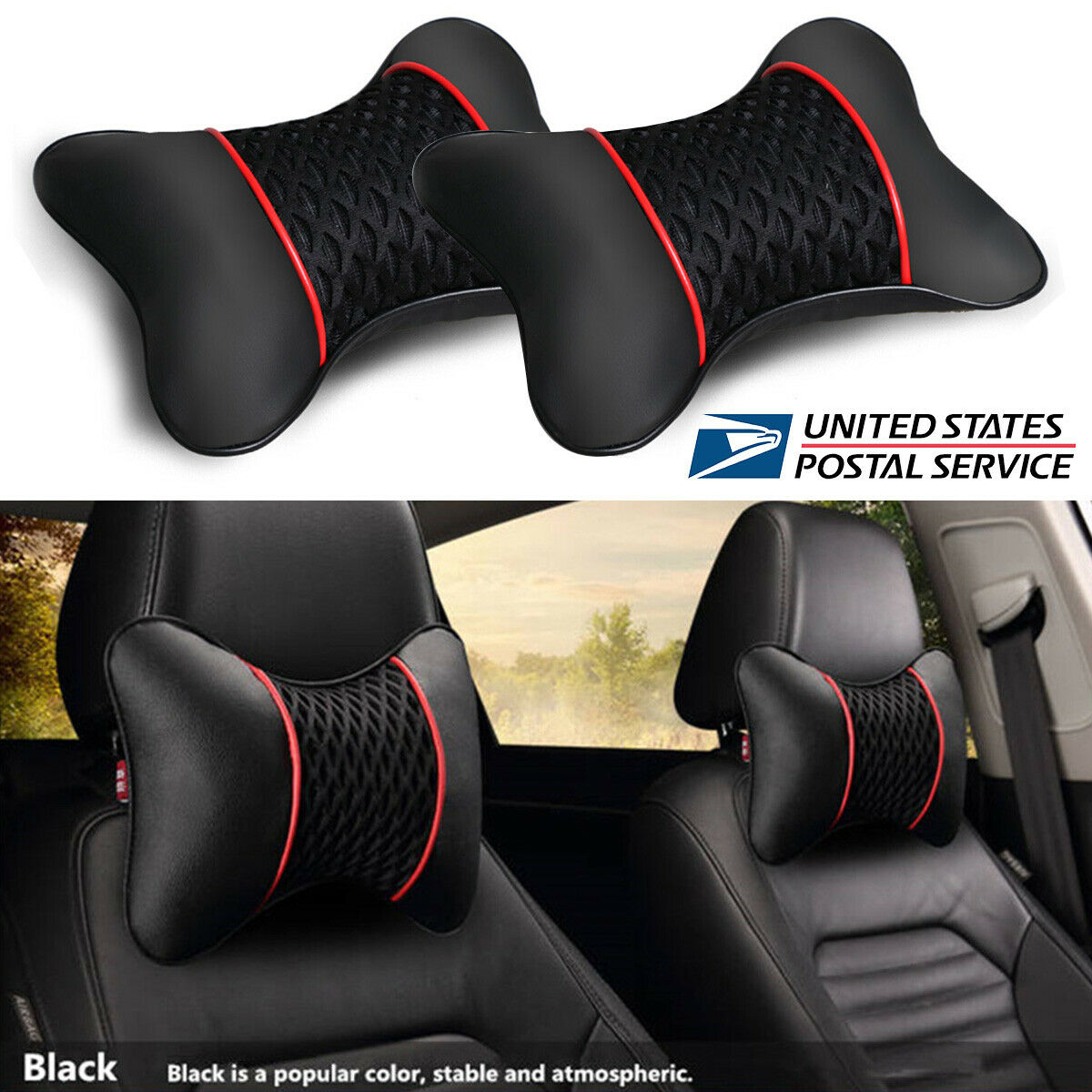2* Breathable Headrest Pillow Black Leather Look Auto Car Seat Neck Rest Cushion