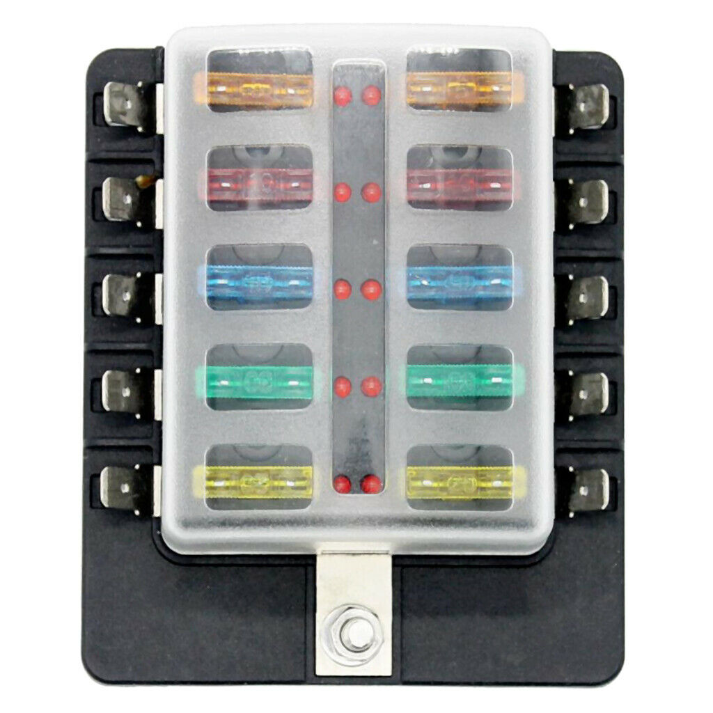 32V 10 Way Blade Fuse Box Holder LED Warning Light for RV Boat Marine Truck