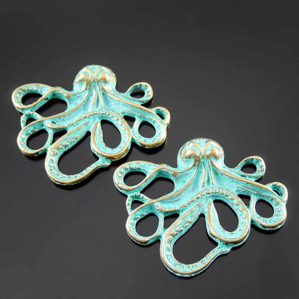 5 pcs Antiqued Zinc Alloy Green Squid Charms Pendant Findings 43x25mm 52077