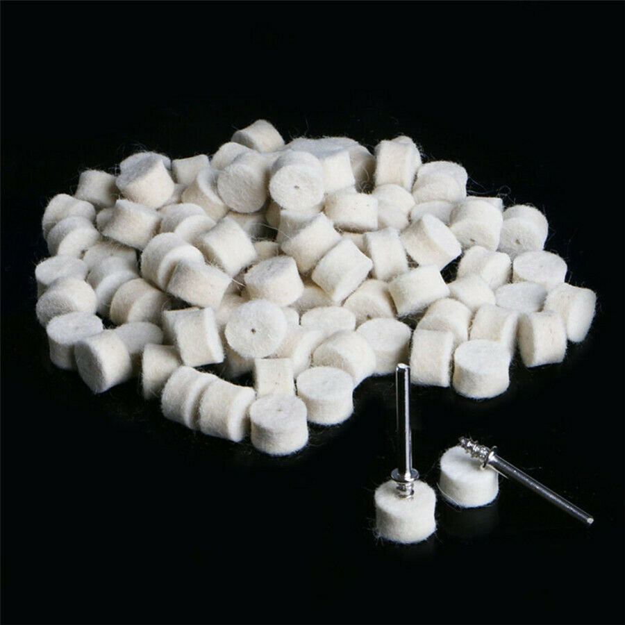 100 Pcs Wool Polishing Wheel +2 Clamp Shanks for Wood/Nuclear Carving/Jade/Ivory
