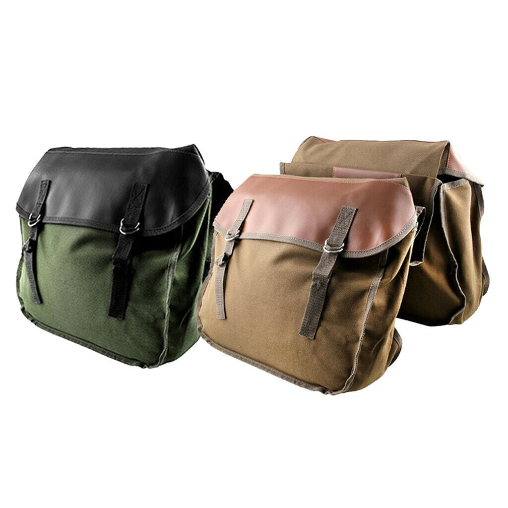 2Pcs Large Travel Saddlebag Heavy-Duty Canvas Motorbike Tail Bag Green+Brown