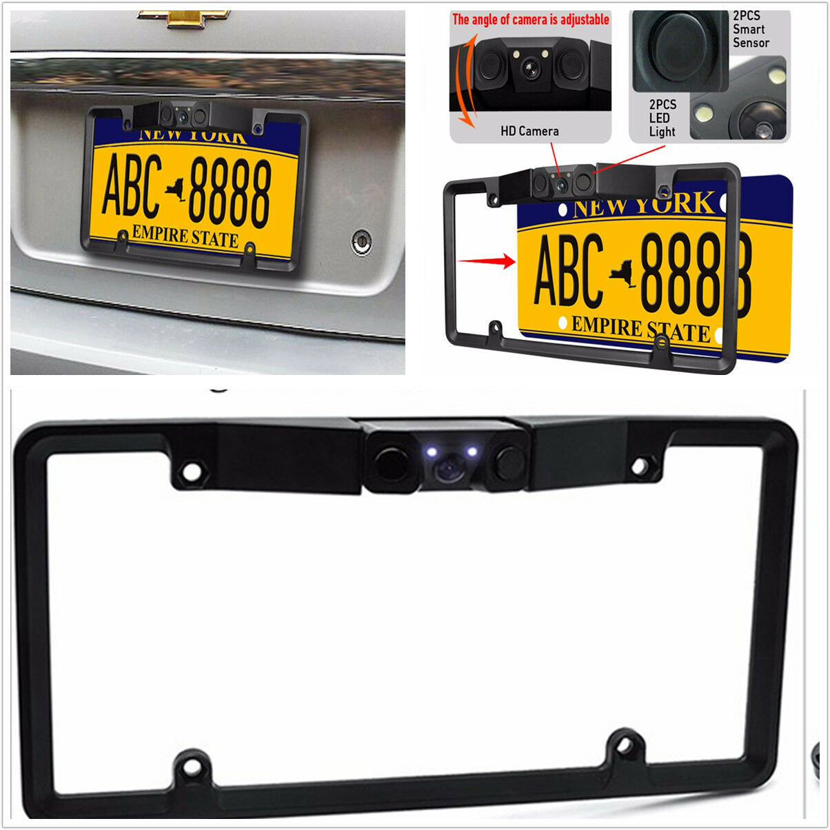 3In1 Car License Plate Frame Parking Sensor Radar Rearview Backup Camera Radar