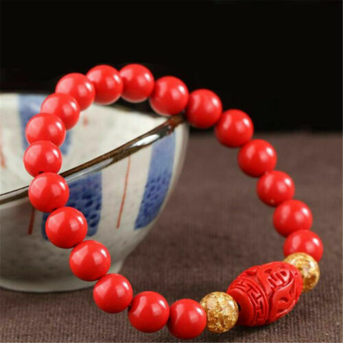 Chinese 8MM Natural Red Organic Cinnabar Elastic Bracelet Lucky Amulet Gift
