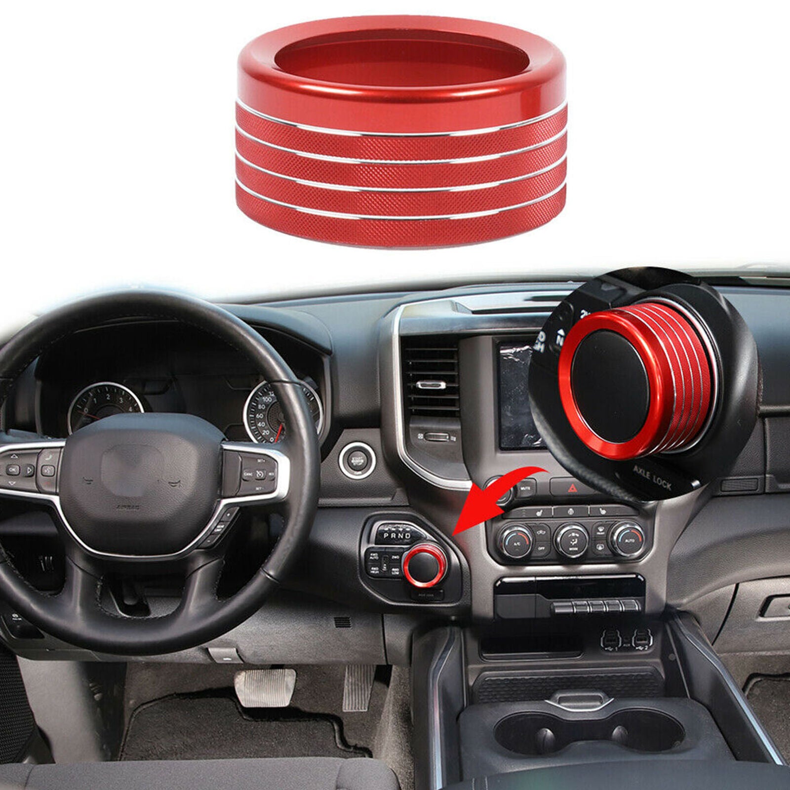 Red Gear Shift Switch Button Knob Bezel Trim Cover for Dodge RAM 2018+ Aluminum