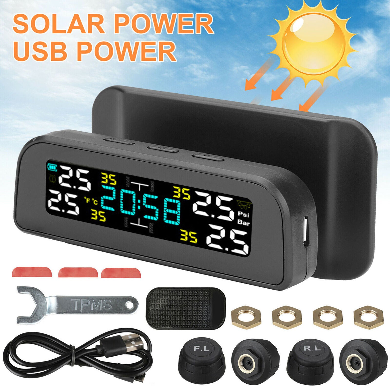 Wireless Solar TPMS LCD USB Car Tire Pressure Monitoring System 4External Sensor
