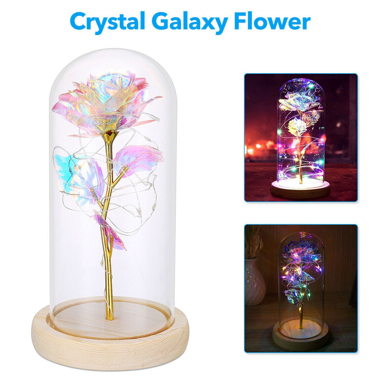 Crystal Galaxy Rose in the Glass Dome 20 Led Lights Gift for Girlfriend Mom Wife