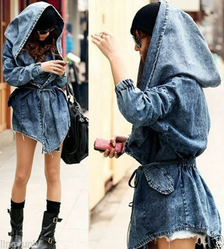 New Fashion Women Lady Denim Trench Coat Hoodie Hooded Outerwear Jean Jacket