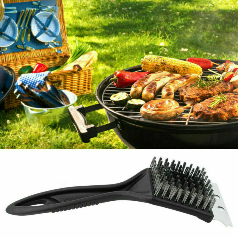 Barbeque BBQ Grill Brush Brass Bristles & Scraper Tool Long Handle Cooking Newly