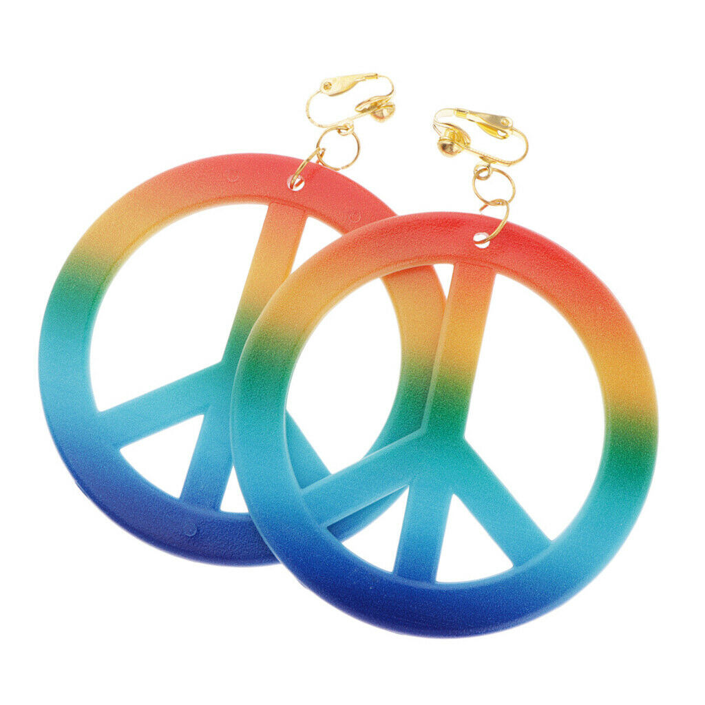 Retro Hipple Style Rainbow Peace Sign Earrings Large Ear Rings 1960's Women
