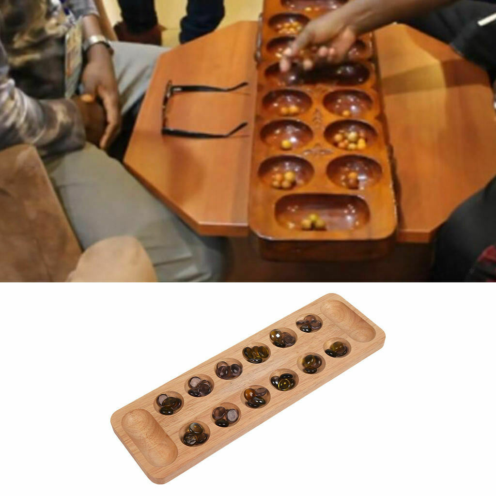 Portable Classic Wooden Mancala Board Game w/ 48 Glass Stones Set Strategy Game