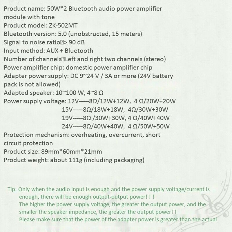 ZK-502MT Bluetooth 5.0 Subwoofer Amplifier Board 2.0 Channel High Power Audio G6
