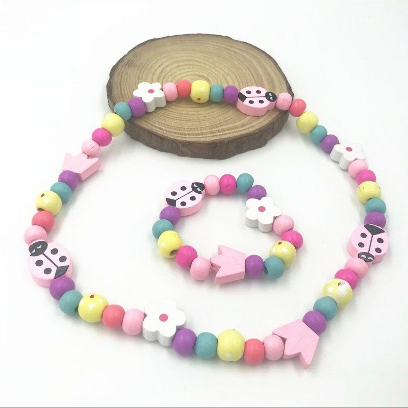 1 sets Wooden Beaded ladybug Necklace bracelet kids gift party supply