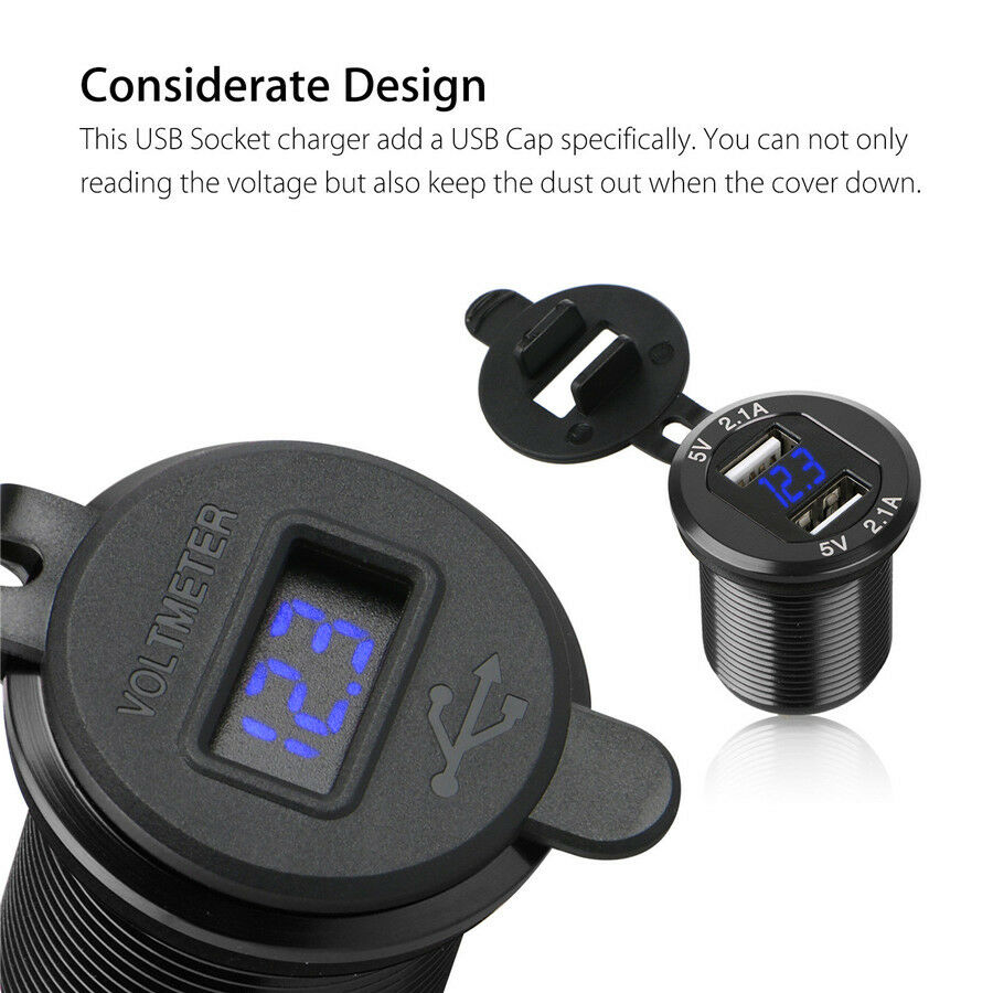 2 In 1 Aluminum Dual USB Car Charger w/ Waterproof Cap +LED Battery Volt Monitor