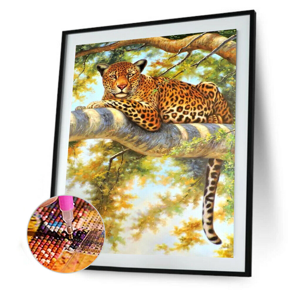 5D Rhinestone Full Square Drill Lying Cheetah Diamond Painting DIY Kit @