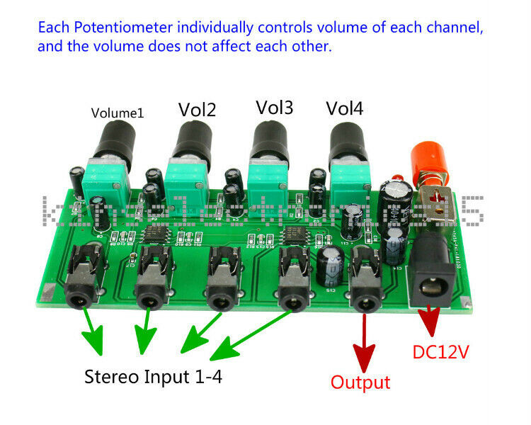 4 Input 1 output Stereo Mixer Individually Controls Board Amplifier Headphones