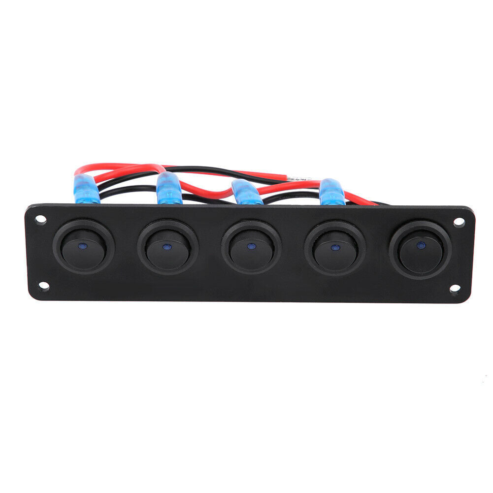 12-24V 5 Gang Rocker Toggle Switch Panel Blue LED For RV Boat Truck Yacht Marine