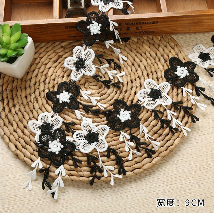 2Yard Milk silk Black and white flower tassel Lace decoration Sewing Accessories