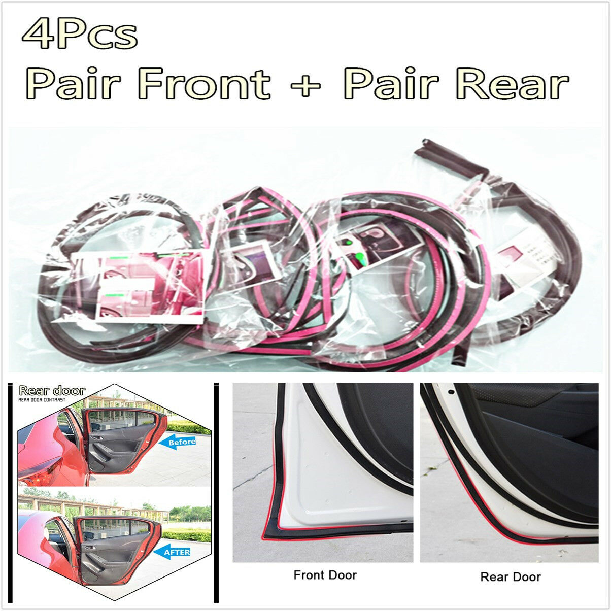 4Pc Car Seamless Integrated Front Rear Door Sealing Strips Trim Sealed Mouldings