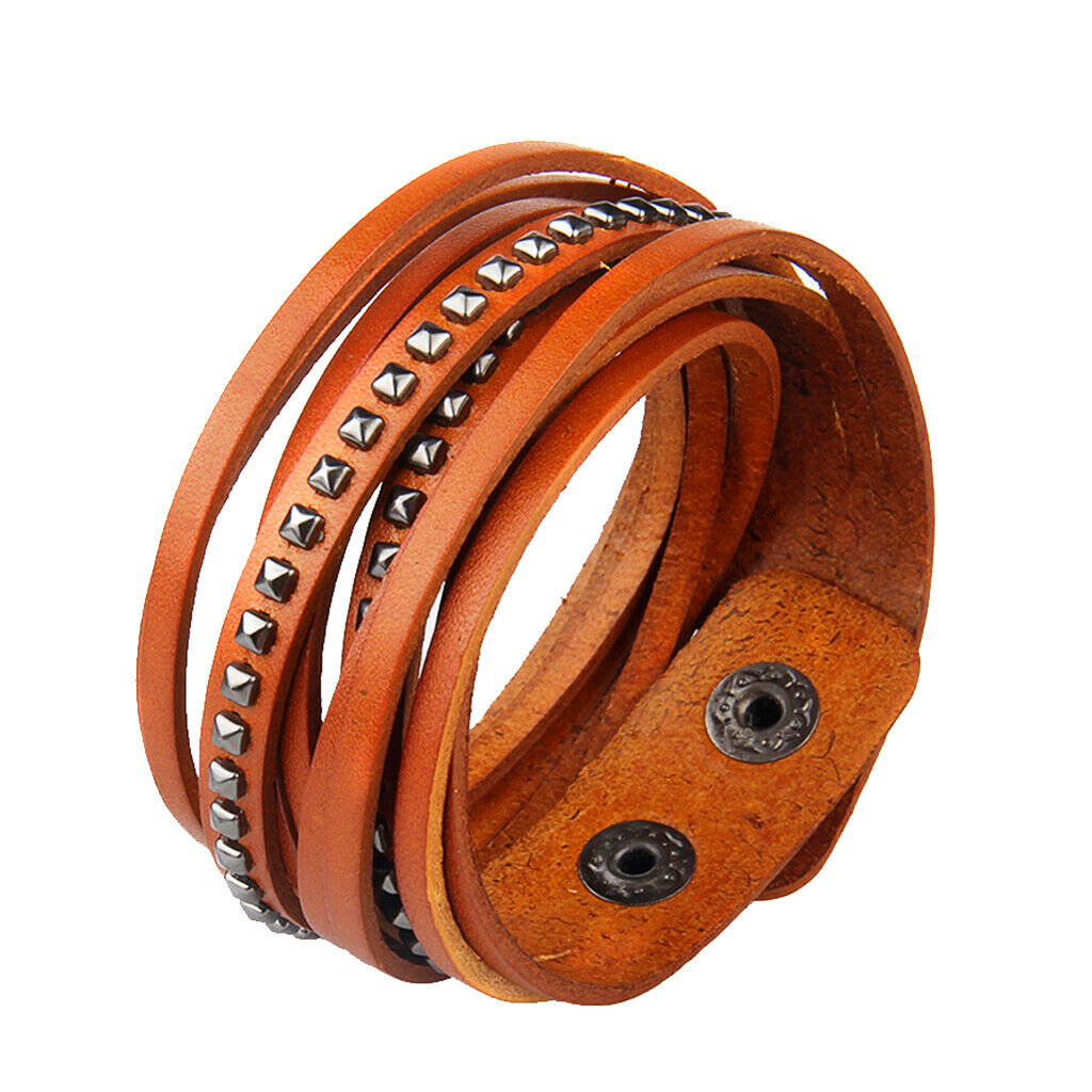 Rivet Punk PU Leather Wrap Wristband Multilayer Bracelet Adjustable Orange