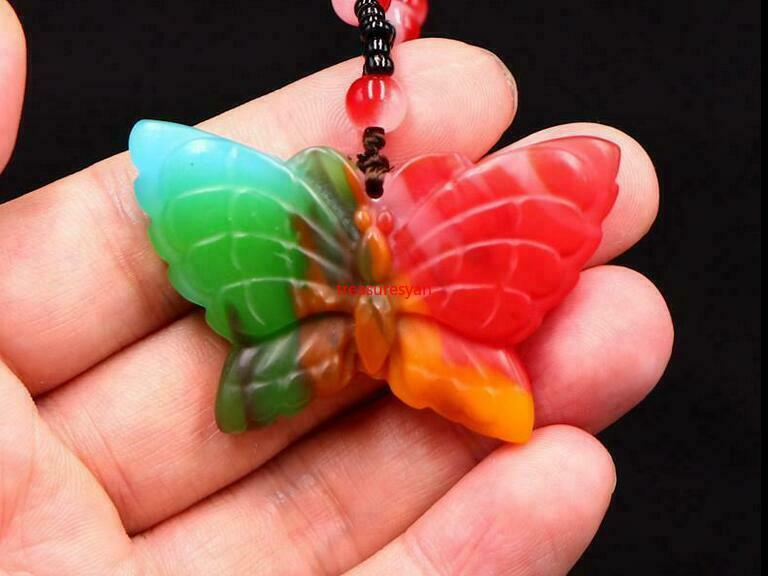 Color Jade Butterfly Pendant Necklace Carved Jewelry Jadeite Amulet Natural