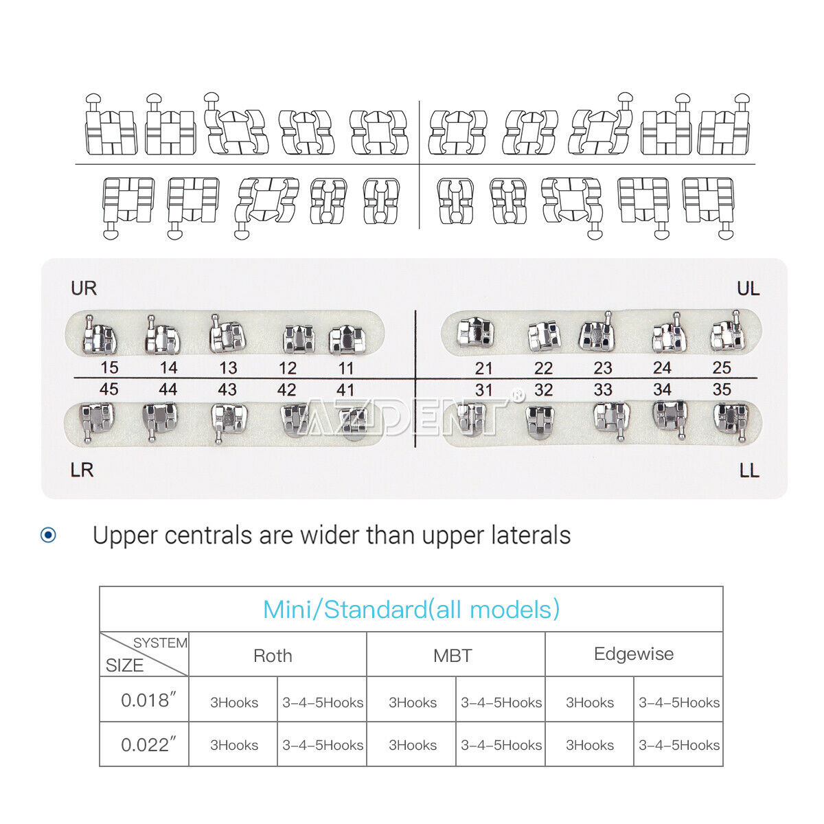 20 X AZDENT Dental Orthodontic Bracket Braces Standard Edgewise 018 Hooks 3-4-5