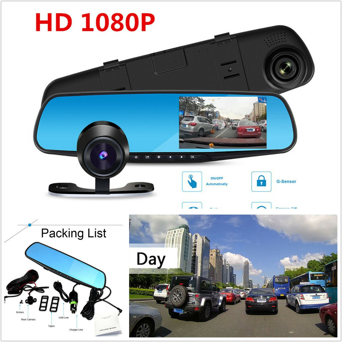 4.3" HD Car DVR Dash Camera Dual Cam Vehicle Front Rear DVR Lens Video Recorder