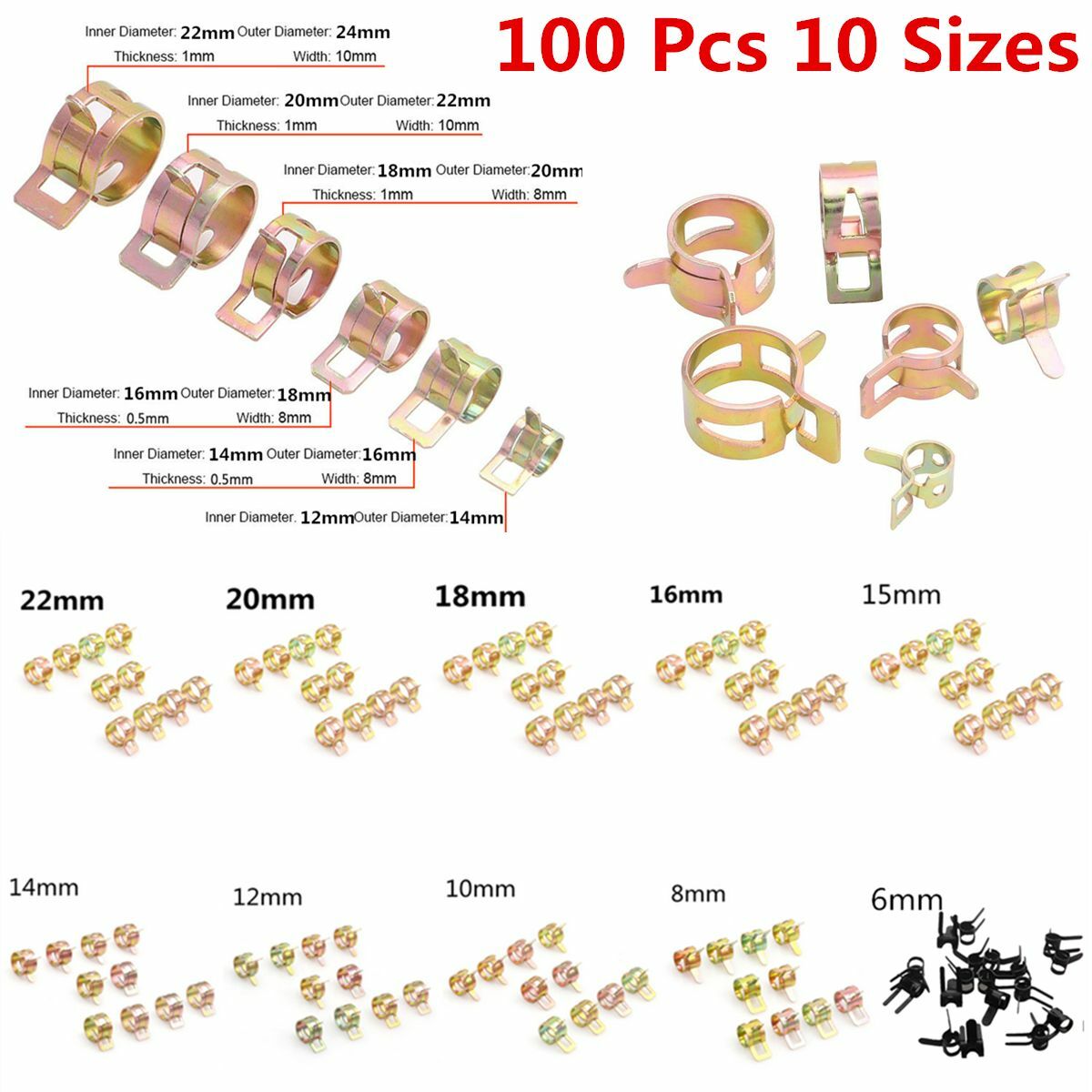 100x Fuel Oil Water Air Tube Pipe Hose 6-22mm Spring Clip Clamp Fastener 10Sizes