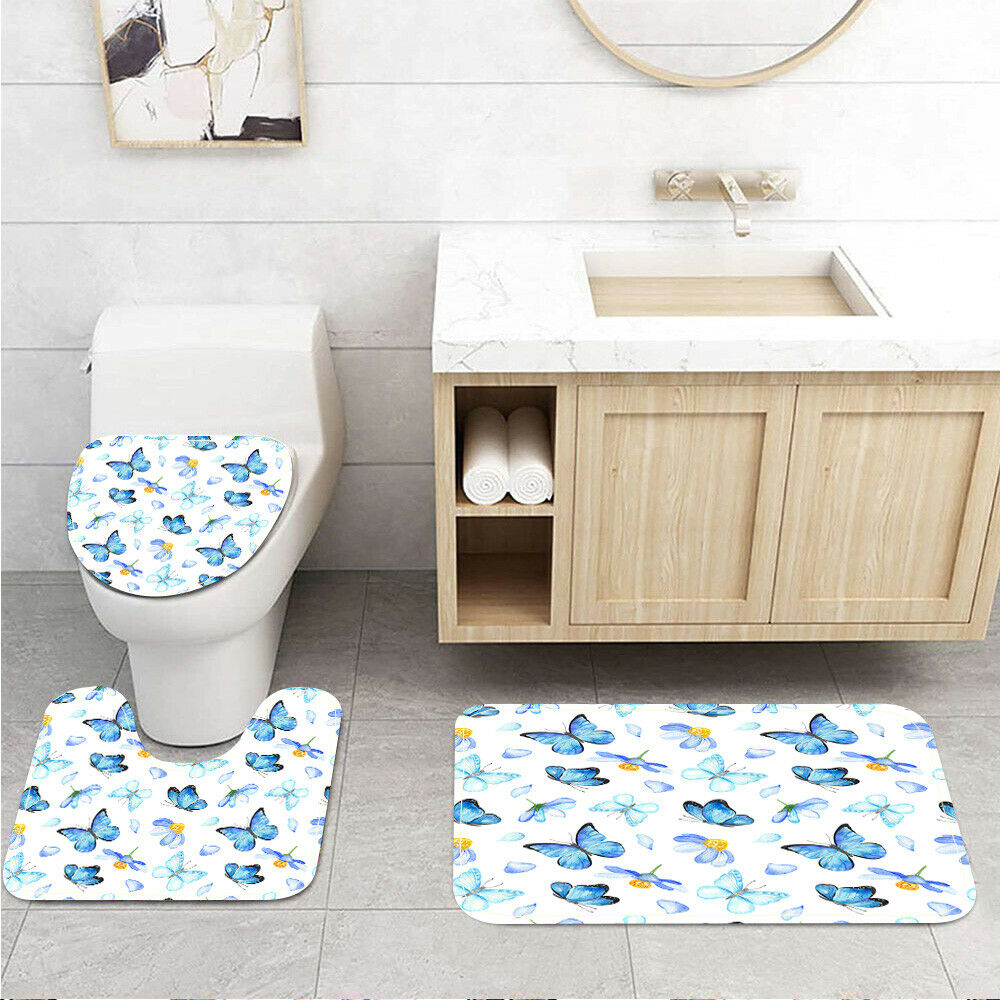 Blue Butterfly and Daisy Toilet Cover Rug Mat Contour Rug Set 3pcs