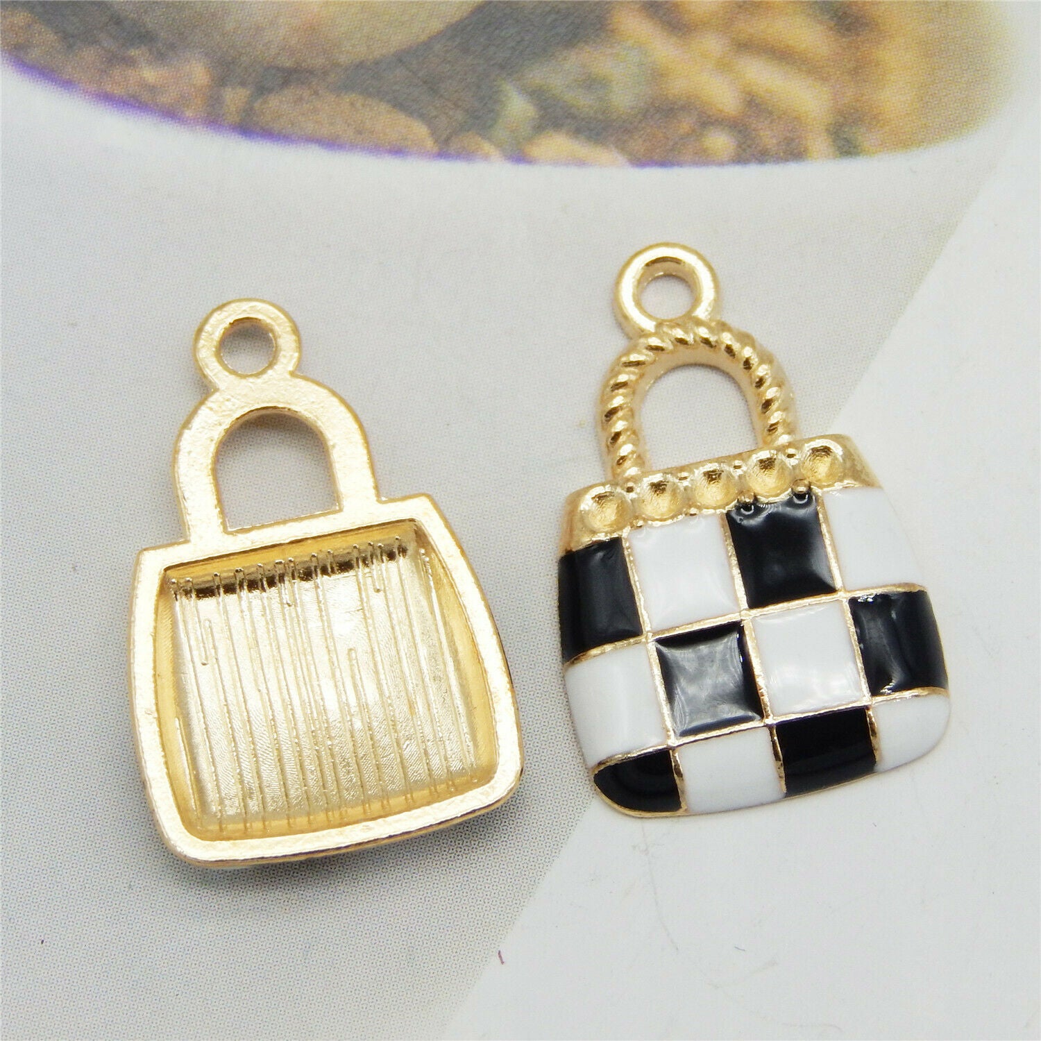 30pcs Enamel Black&White Check Handbags Charms Jewelry DIY Findings Accessories