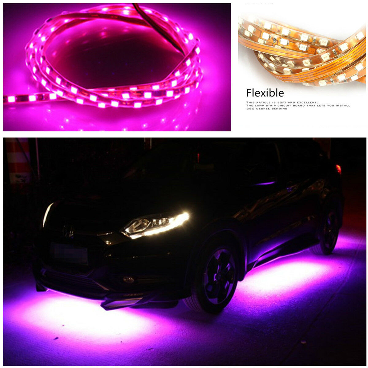 Car Underbody Flexible LED Light Strip 2*90cm+2*135cm Pink with Purple LED Color