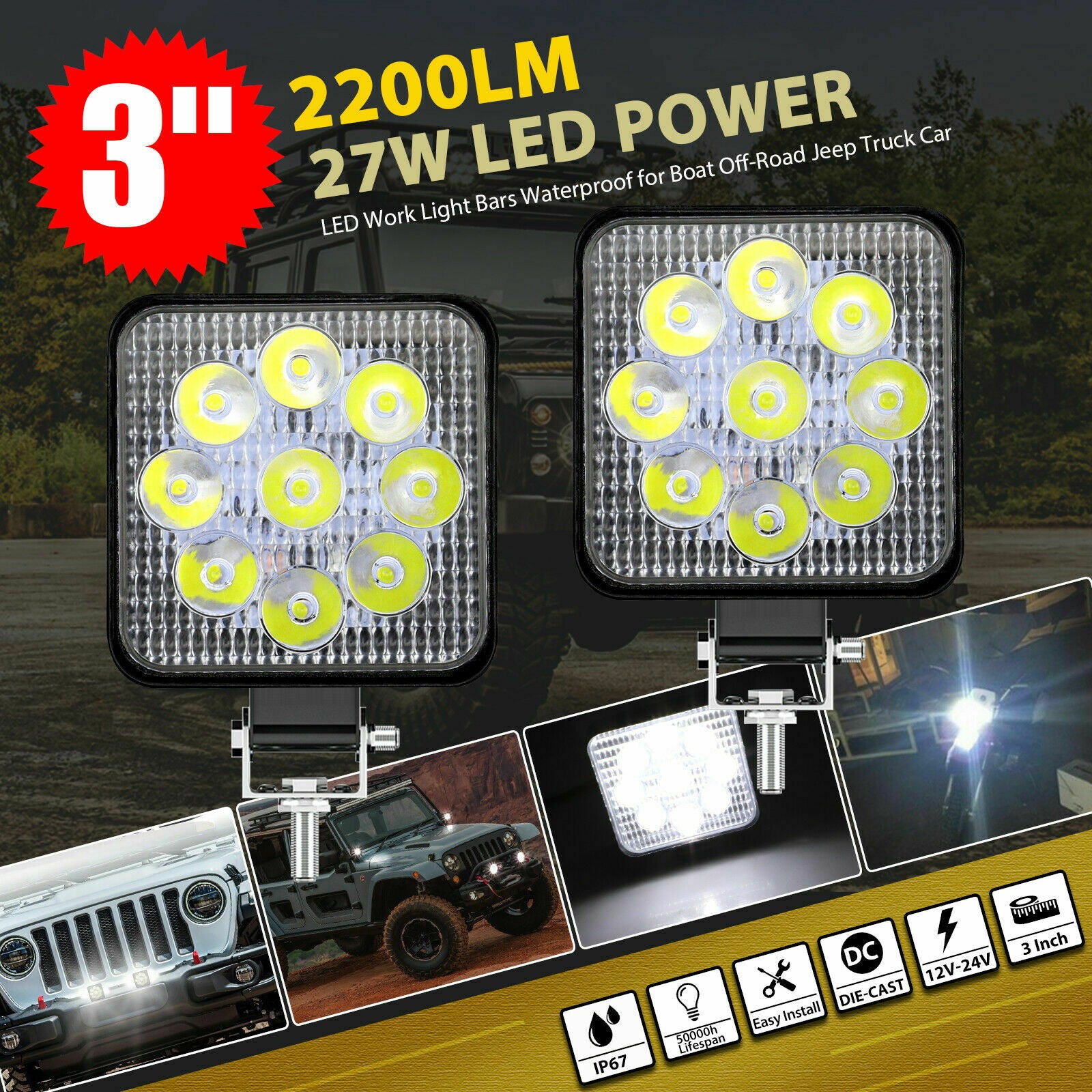 2x 3inch LED Work Light Bar Spot Pods Fog Lamp Offroad Driving Truck SUV ATV 4WD