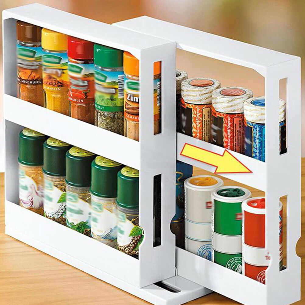 2 Layers Push Pull Spice Rack Kitchen Seasoning Storage Holder Jars Organizer