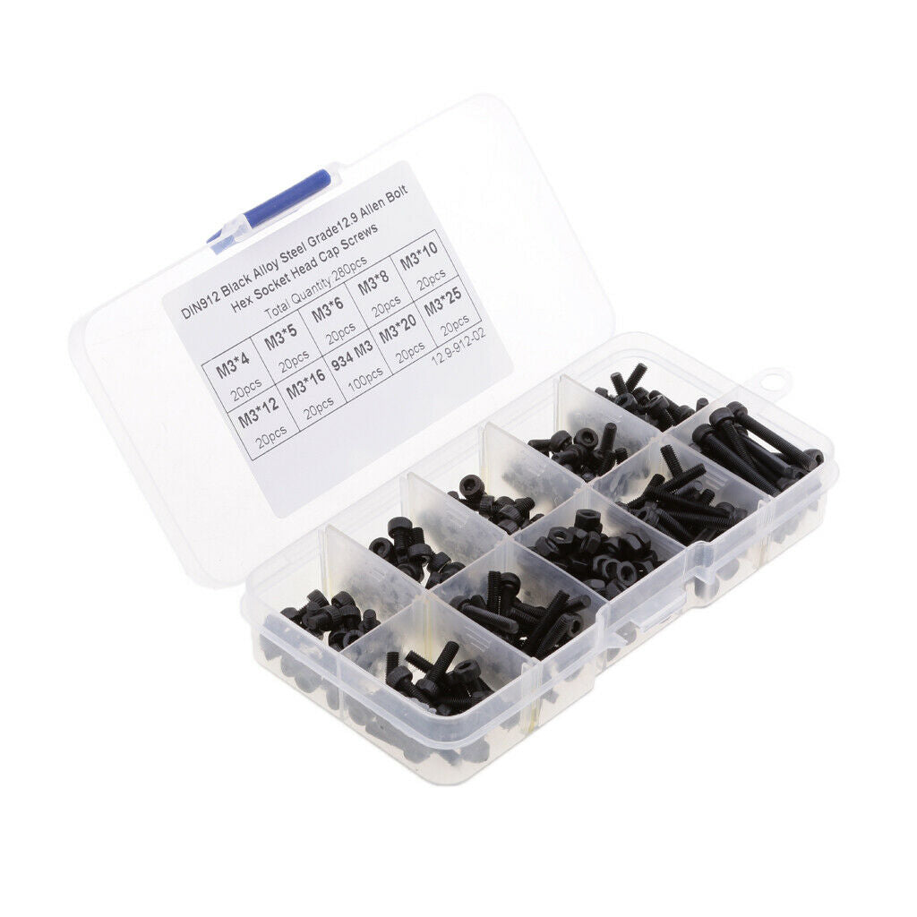 280 Pcs M3 Screws 4mm-25mm Hex Socket Kit Set Jig Caps